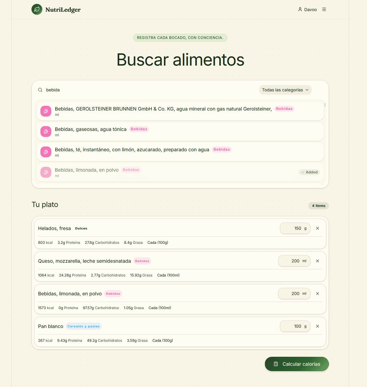 CaloriesTracker dashboard with nutritional analysis and a food search interface